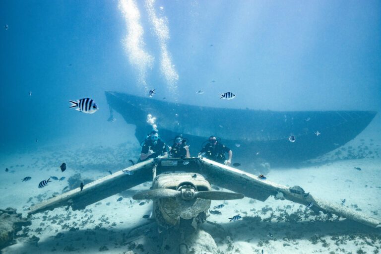 Divers exploring a submerged airplane wreck surrounded by tropical fish in the clear waters of Tahiti.